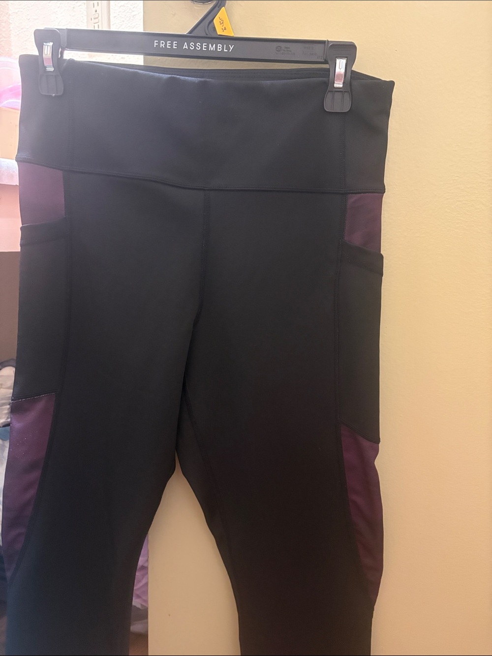 Women's Black Leggings with Plum Side Panels and Pockets